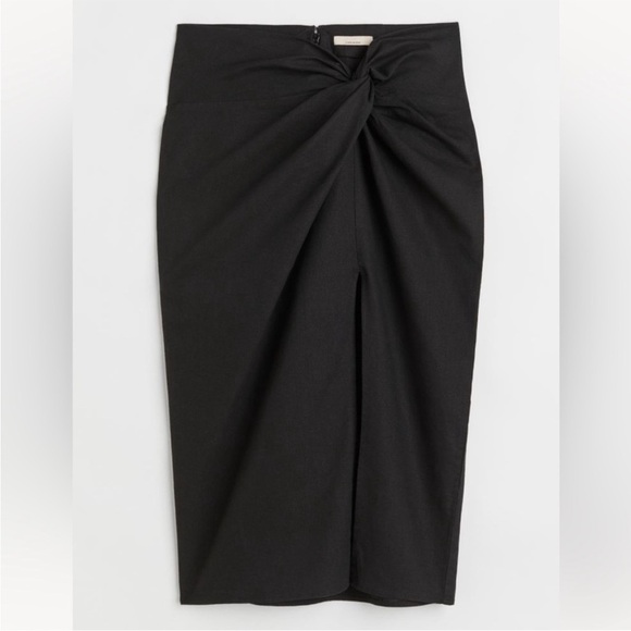 Knot Detail Linen Blend Black Midi Skirt with Slit H&M Size 8 - Picture 2 of 11